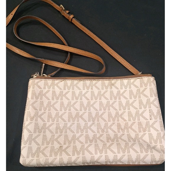 Michael Kors Handbags - Michael Kors Jet Set Signature MK Large Double Zip Crossbody Brown Tan Leather